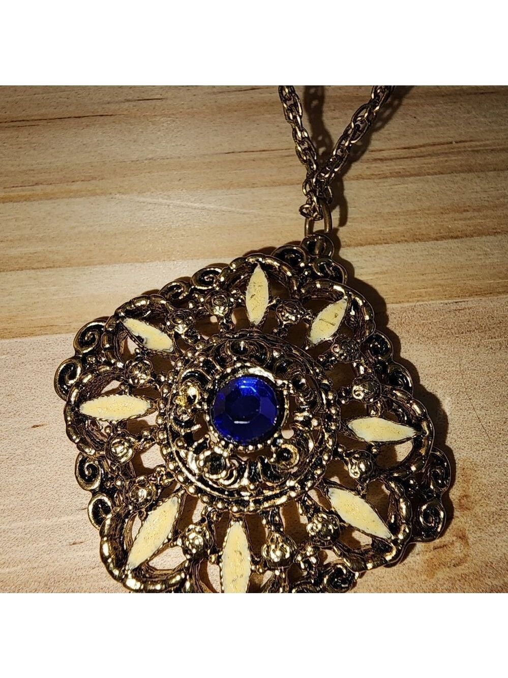 Gold and Blue Pendant Necklace 38" - Picture 6 of 6